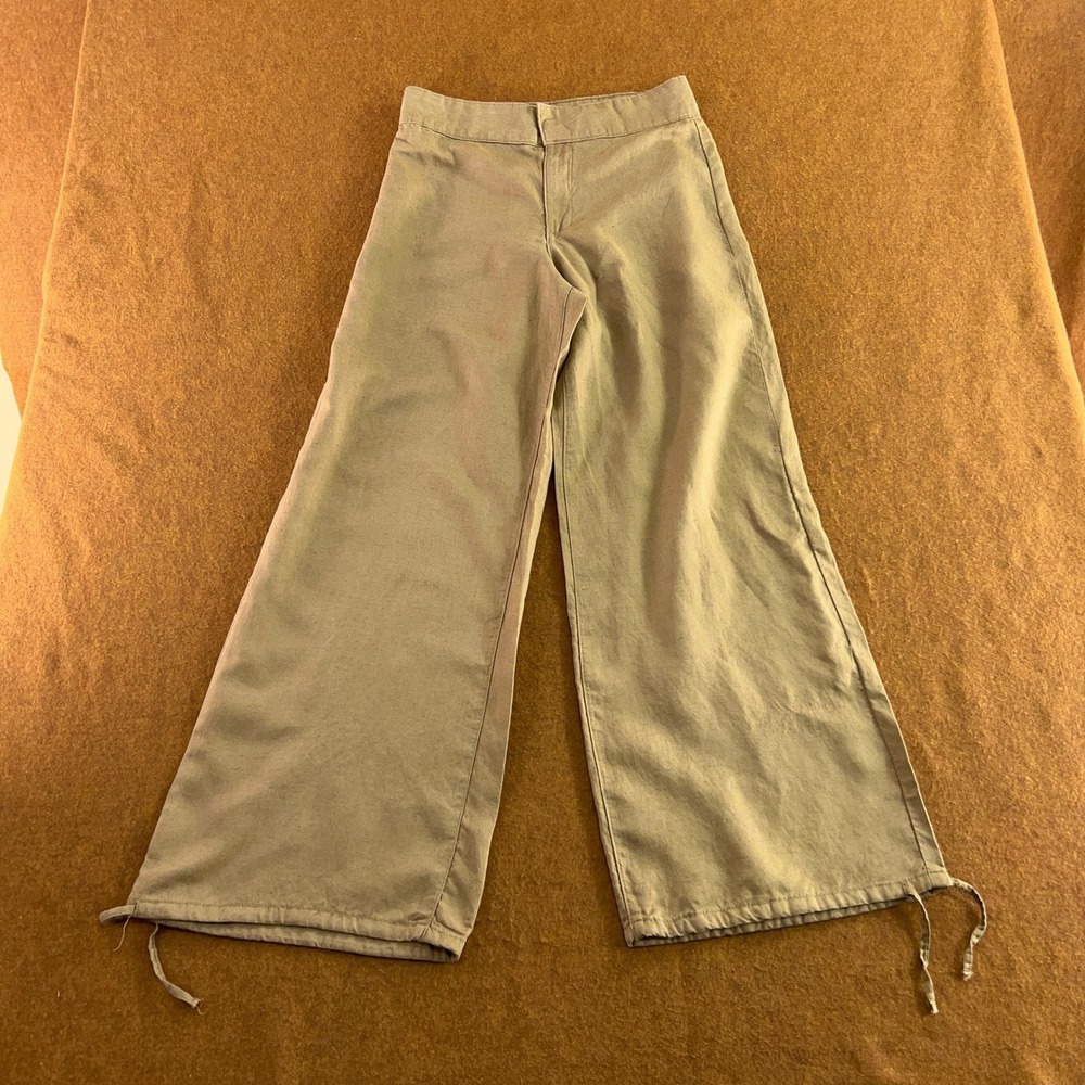 Zara Womens Medium Tan Linen Blend Wide Leg Drawstring Hem Pants New